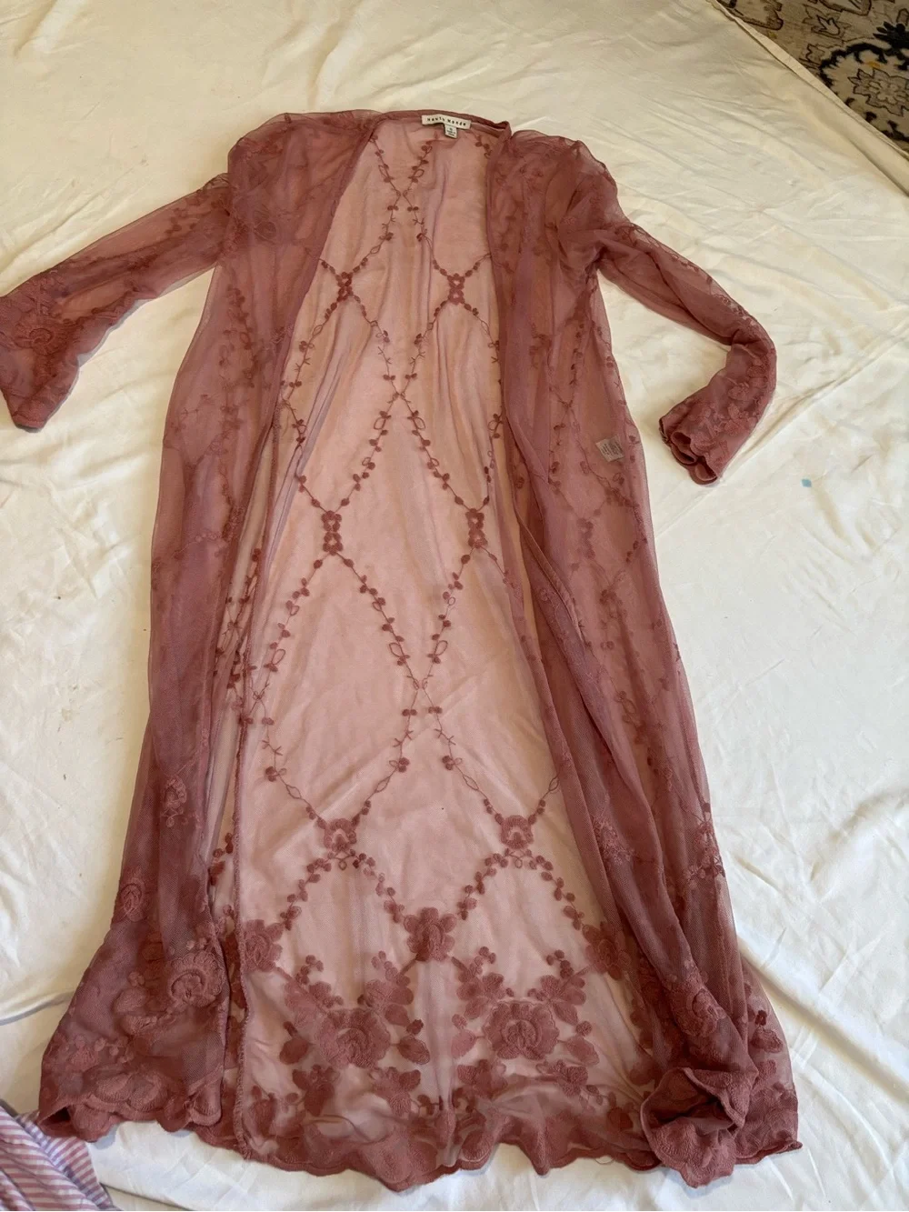 Haute Monde Sheer Lace Long Robe in Dusty Rose